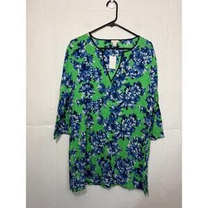 NEW J.Crew beach cover-up tunic green blue floral print V-neck Womens Size Large
